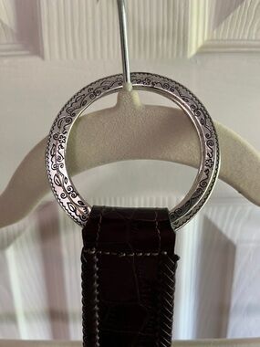 Brighton Silver Engraved Round Buckle with Dark Brown Leather Belt